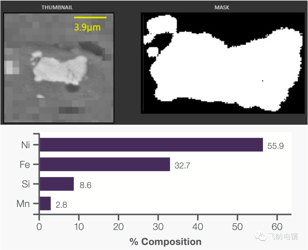 Phenom ParticleX Steel 自动采集单个含镍颗粒的数据示例：图像、颗粒 Mask 和成分含量信息